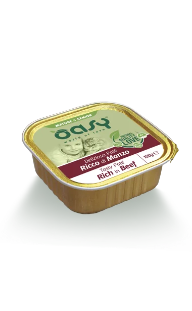  -Fish-containing dog foodOasy Wet Cat - Delizioso Pate Mature & Senior rich in BEEF