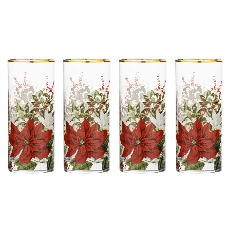 Ashdene Poinsettia Glass 4 Pack of Highball Tumblers