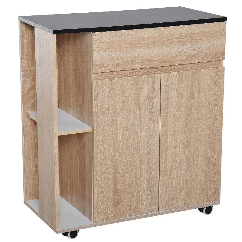 Kitchen Storage Trolley Cart Cupboard Rolling Island Shelves Cabinet With Door and Drawer Locking Wheels