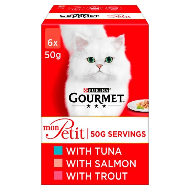    - Cat food for coat health  Gourmet Mon Petit Cat Food Pouches Fish Tuna, Salmon & Trout 6 x 50g