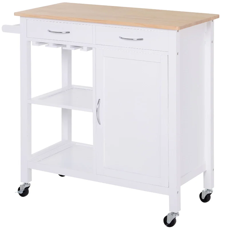 Kitchen Storage Trolley Cart Cupboard Rolling Wheels Shelves Cabinet Island W/ Drawers Towel Rail Wine Glass Rack Pine Wood Worktop White