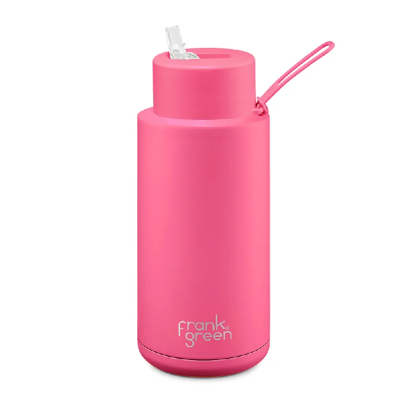 Frank Green Ceramic Reusable Bottle with Straw Lid & Strap 34oz Neon Pink